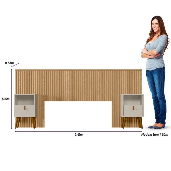 Encontraproduto.com.br - Conjunto Cabeceira Casal Em Ripado Ilhabela Com 2 Mesas De Cabeceira Búzios E Par De Frame Linea Brasil Carvalho/off White