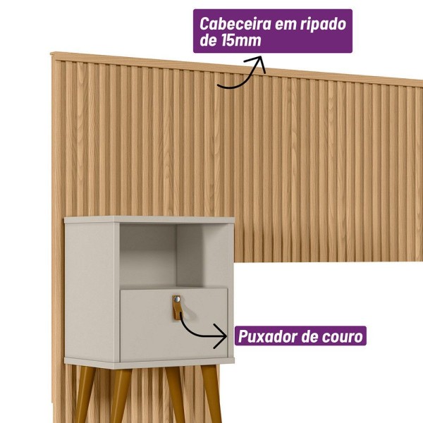 Encontraproduto.com.br - Conjunto Cabeceira Casal Em Ripado Ilhabela Com 2 Mesas De Cabeceira Búzios E Par De Frame Linea Brasil Carvalho/off White