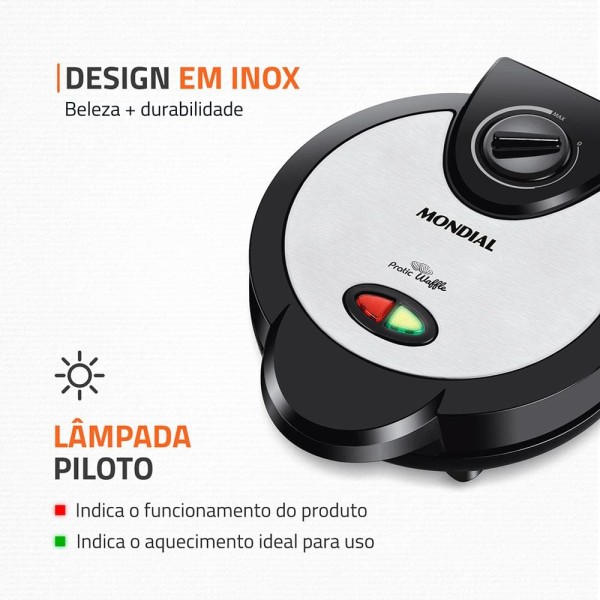 Encontraproduto.com.br - Waffle Mondial Pratic Waffle 1200W GW-01 - 7360-02 PRETO/INOX 220 VOLTS