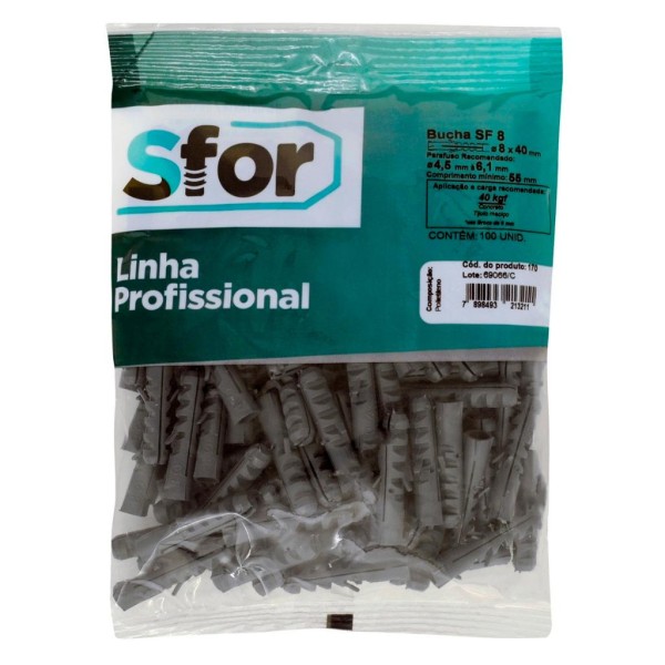 Encontraproduto.com.br - Bucha Plástica 8MM Sem Aba Pacote com 100 peças - Sfor