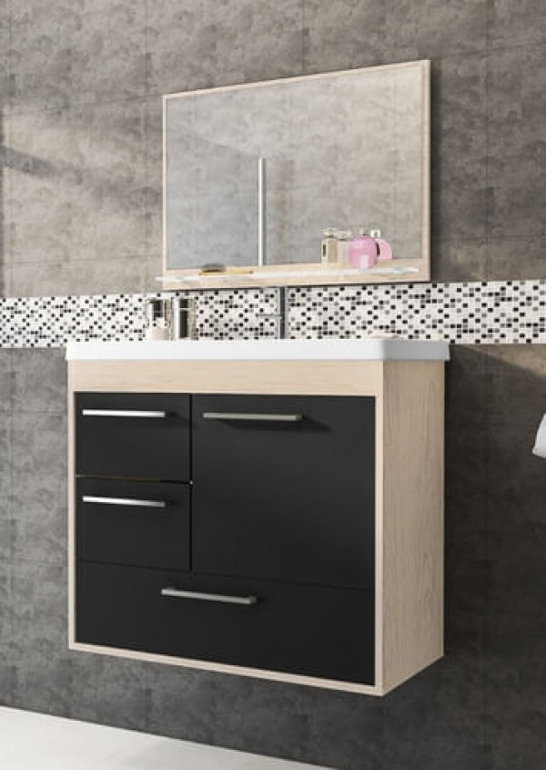 Conjunto De Banheiro Com Espelheira Procion Com Gavetão 60Cm Berlin Preto Cerocha