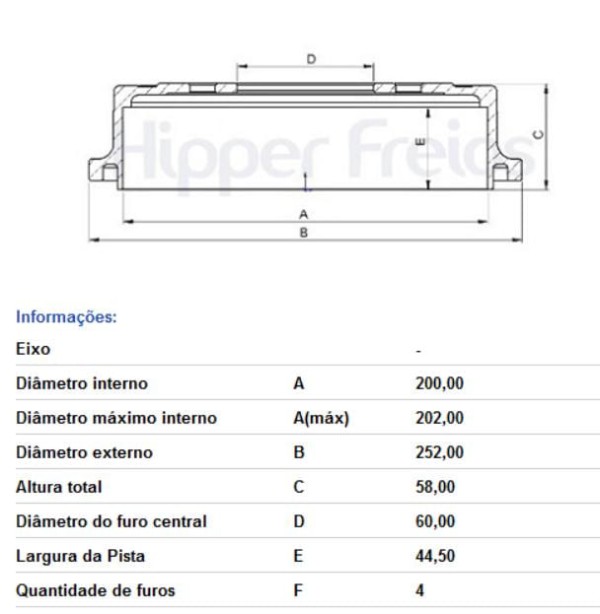 Encontraproduto.com.br - CAMPANA TRASEIRA (EXT 252MM) (INT 200MM) (4 FUROS) / ONIX PLUS 20- / HIPPER FREIOS HF52C