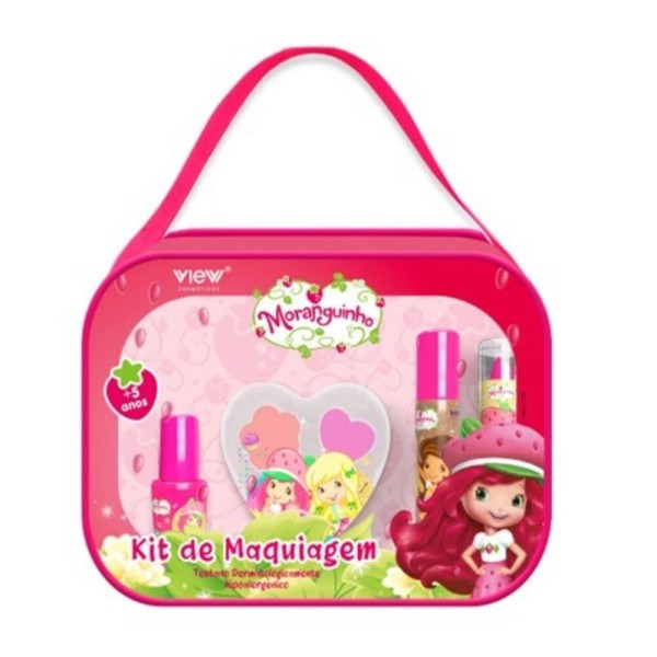 Kit de Maquiagem Infantil Bolsinha Retangular Moranguinho View Cosméticos (Batom + Brilho Labial + Estojinho de Sombra-Blush + Esmalte)