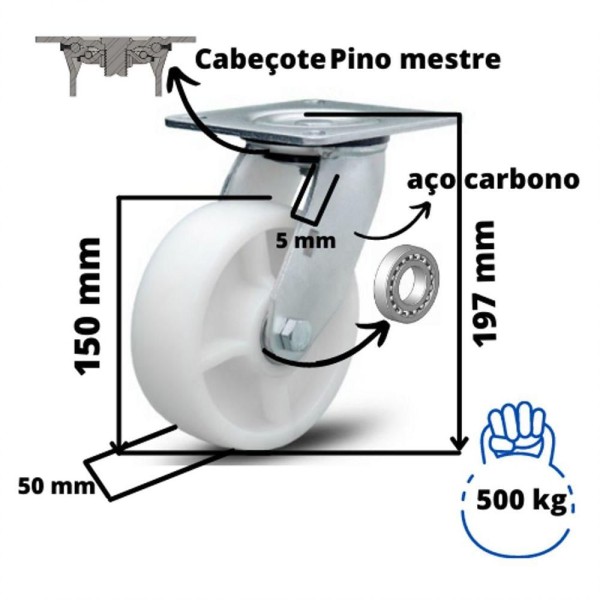 Encontraproduto.com.br - Rodizio 6x2 C/placa Roda De Nylon C/ Rolamento 450 Kg