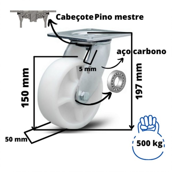 Encontraproduto.com.br - Rodizio 6x2 C/placa Roda De Nylon C/ Rolamento 450 Kg