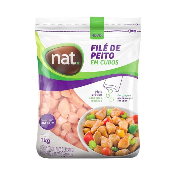 Encontraproduto.com.br - Filé de Peito Frango NAT em cubos Pacote congelado 1Kg