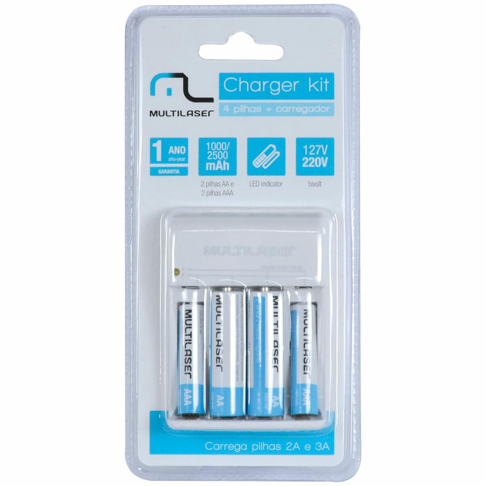 Encontraproduto.com.br - Carregador De Pilhas Multilaser Aa/Aaa + 2 Pilhas Aa 2500Mah + 2 Pilhas Aaa 1000Mah - CB045