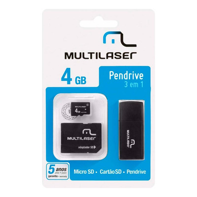 Kit 3 em 1 Pen drive + Adaptador SD + Cartão De Memória Classe 4 com Trava de Segurança 4GB Preto Multilaser - MC057