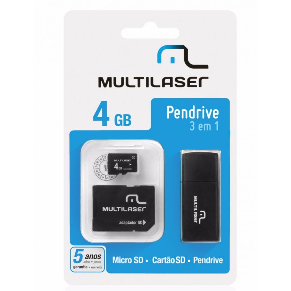 Encontraproduto.com.br - Kit 3 em 1 Pen drive + Adaptador SD + Cartão De Memória Classe 4 com Trava de Segurança 4GB Preto Multilaser - MC057