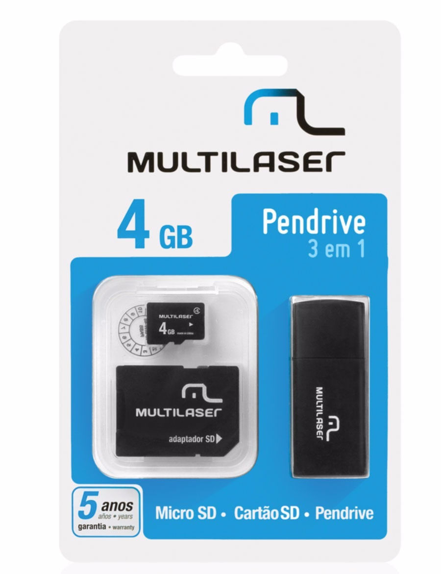 Encontraproduto.com.br - Kit 3 em 1 Pen drive + Adaptador SD + Cartão De Memória Classe 4 com Trava de Segurança 4GB Preto Multilaser - MC057