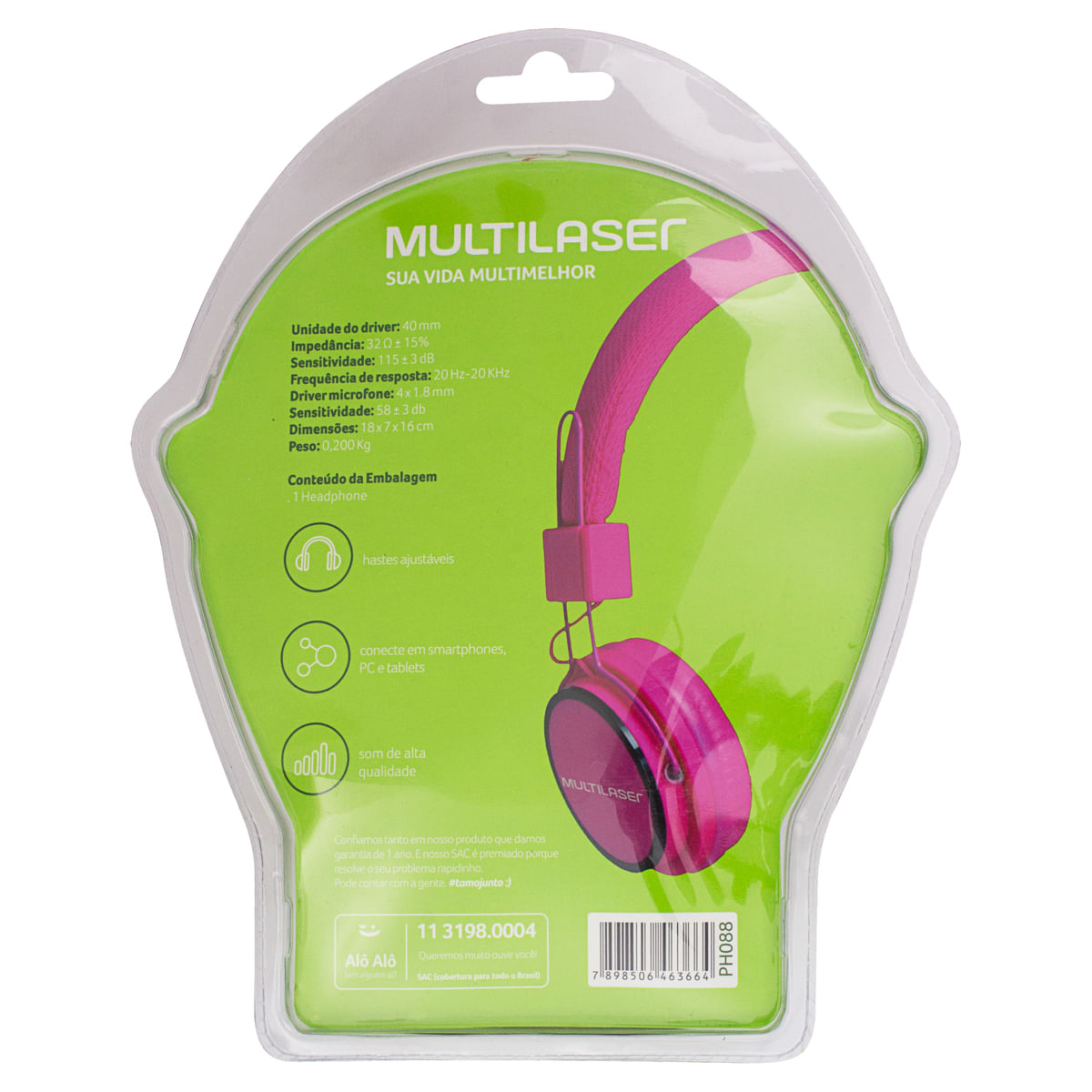 Encontraproduto.com.br - Fone De Ouvido Multilaser Com Microfone Headfun Rosa P2 - PH088
