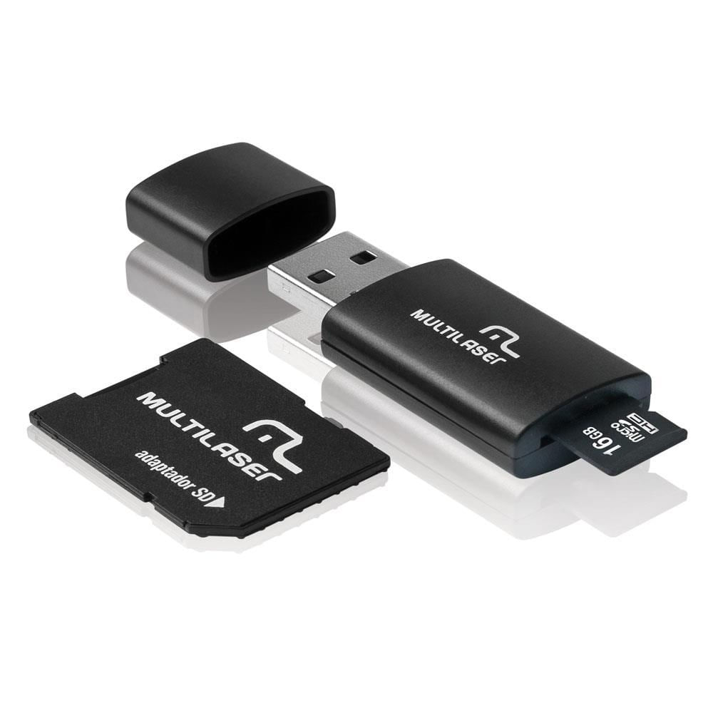 Adaptador 3x1 Multilaser SD + Pen drive + Cartão De Memória Classe 10 16GB Preto - MC112