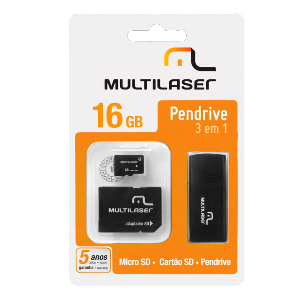 Encontraproduto.com.br - Adaptador 3x1 Multilaser SD + Pen drive + Cartão De Memória Classe 10 16GB Preto - MC112