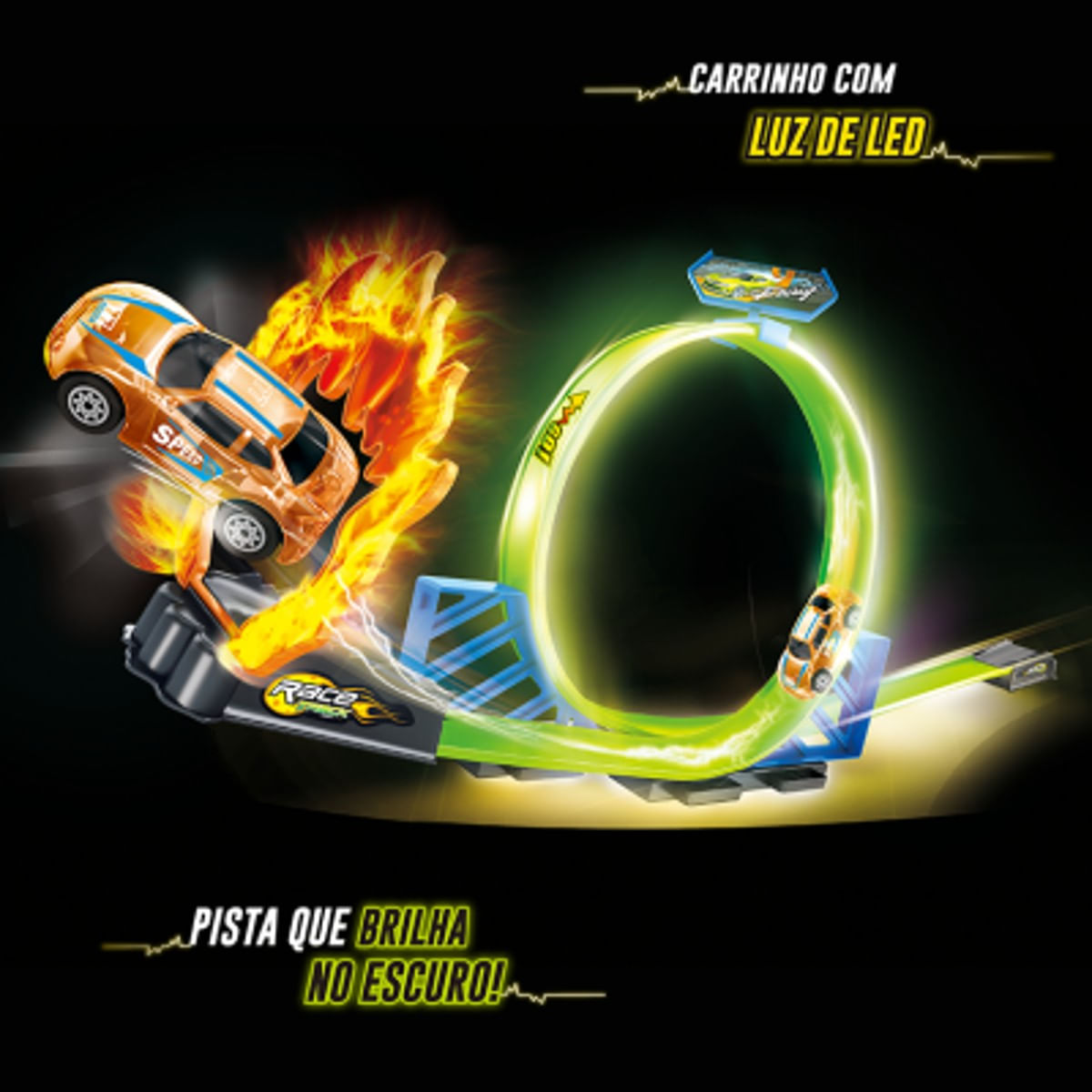 Encontraproduto.com.br - Pista de Carrinhos Brinquedo Speedster Neon Looping Com Luz LED Polibrinq