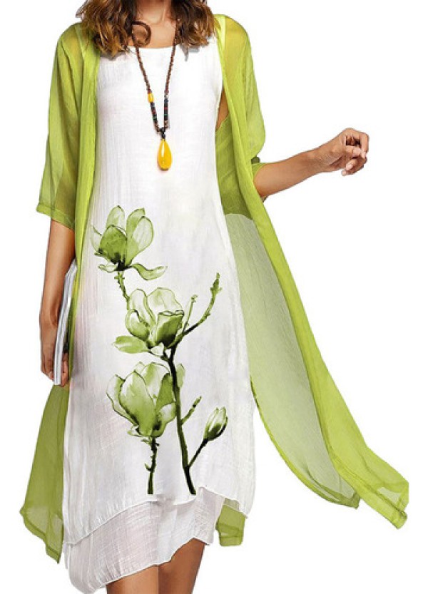 Conjunto De 2 Vestidos Femininos Casuais Florais De Algodão