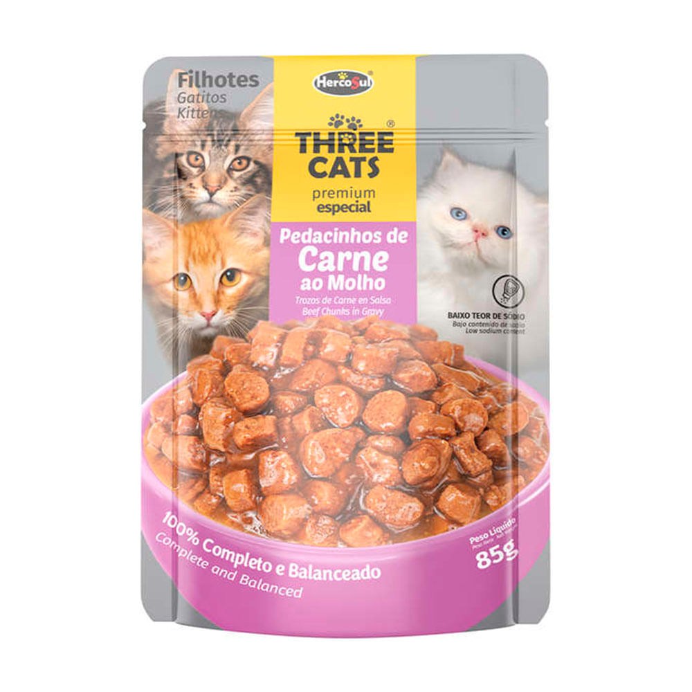 Ração Úmida Three Cats Original Filhotes Carne Sachê