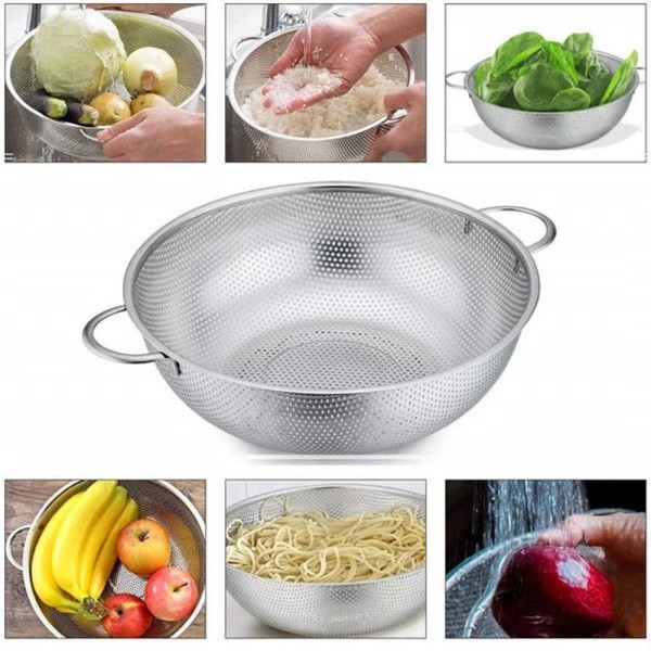 Encontraproduto.com.br - Escorredor Inox Com Alça Macarrão Legumes Frutas Arroz 28cm Cor:inox