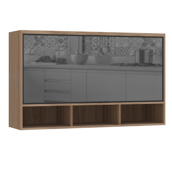 Armário Aéreo De Cozinha 120cm 1 Porta Basculante Com Vidro Reflecta E Nichos Aspen Luciane Móveis Vanilla