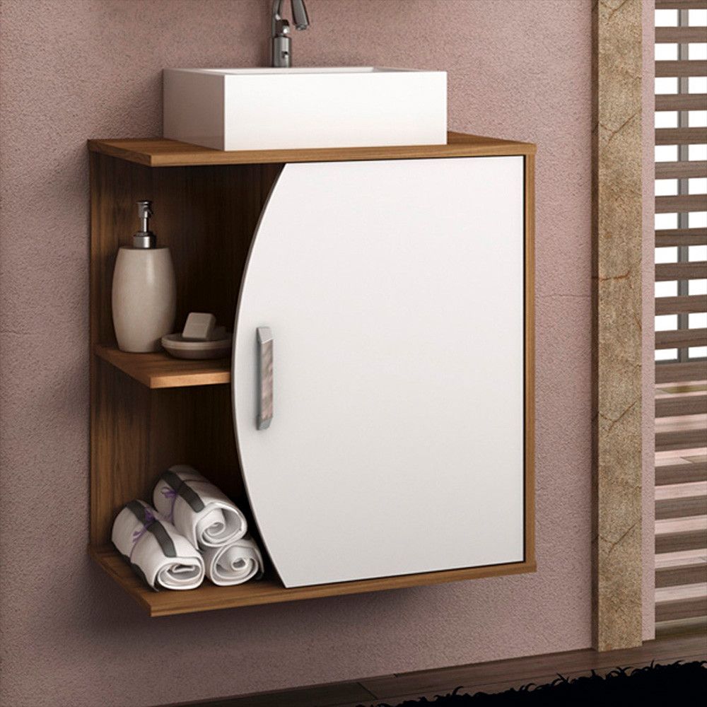 Gabinete Para Banheiro Duna 60Cm Sem Cuba Nogal Com Branco