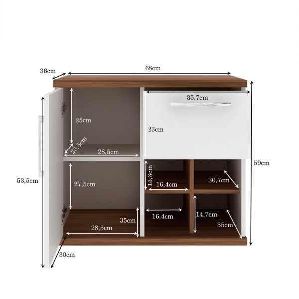 Encontraproduto.com.br - Kit Gabinete Veneza 70Cm Com Cuba E Armário Branco Com Nogal