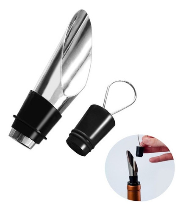 Tampa Rolha Funil Garrafa De Vinho Em Inox Com Bico Dosador