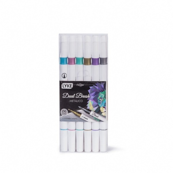 Marcador Dual Brush 6 Cores Metálico Lyke