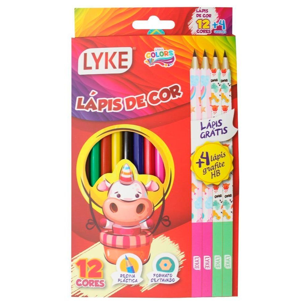 Kit Escolar Lápis De Cor 12 Cores Em Resina Plástica Com 4 Lápis Grafite