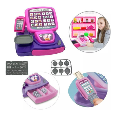 Caixa Registradora Infantil Brinquedo Moedas Dinheiro Cartão Cor Rosa