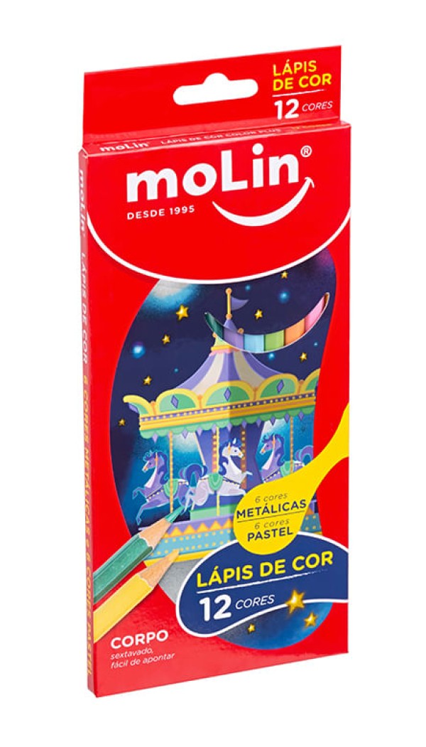 Encontraproduto.com.br - Lápis de Cor Molin Sextavado c/ 12 Unid 6 Metálico e 6 Pastel