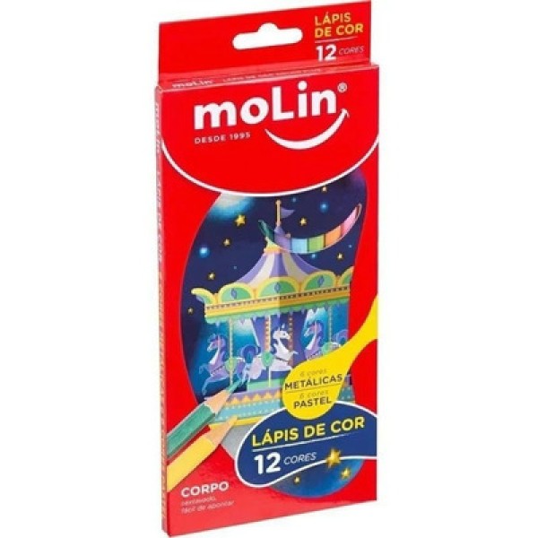 Encontraproduto.com.br - Lápis de Cor Molin Sextavado c/ 12 Unid 6 Metálico e 6 Pastel