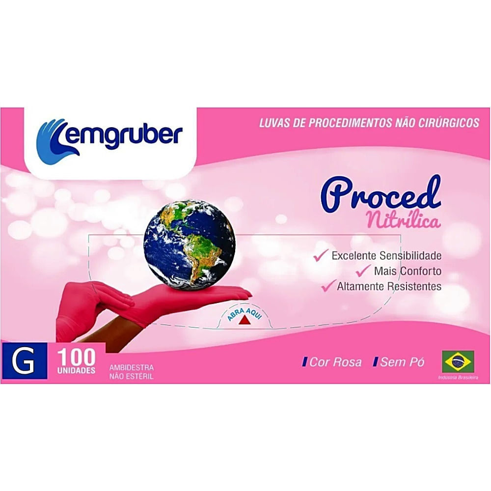 Encontraproduto.com.br - Luva Nitrílica Proced Rosa sem Pó Tam G - 100 luvas