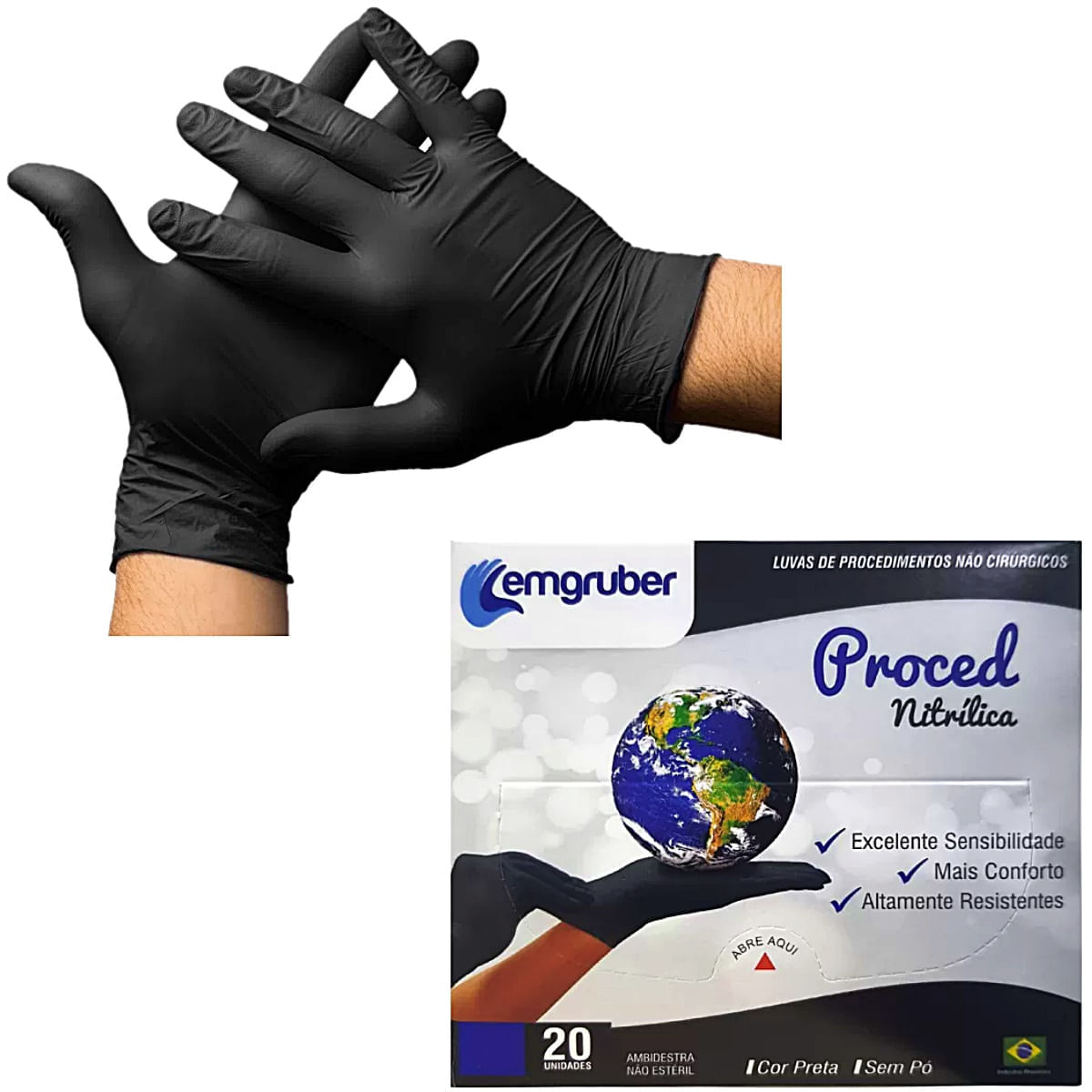 Encontraproduto.com.br - Luva Nitrílica Proced Preta sem Pó Tam M - 20 luvas