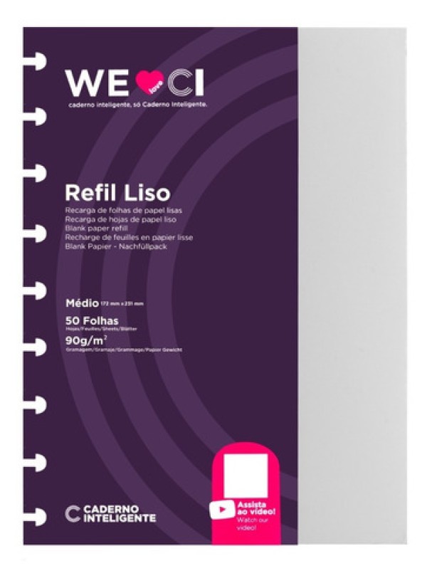 Refil Médio 50 Folhas Lisas Brancas Caderno Inteligente