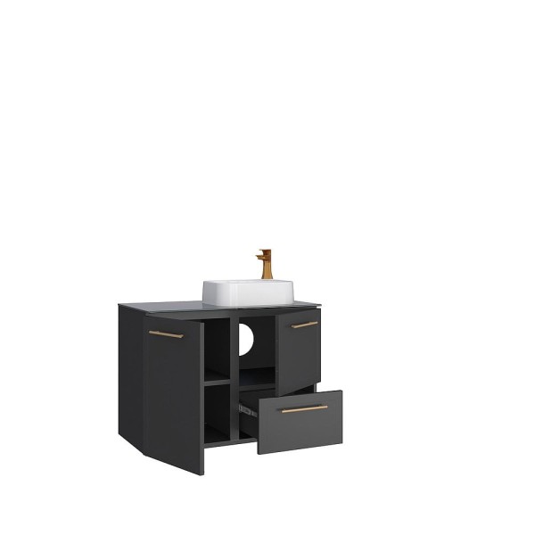 Encontraproduto.com.br - Gabinete Para Banheiro em Aço Com Tampo de Vidro Temperado Preto Jambo Cozimax