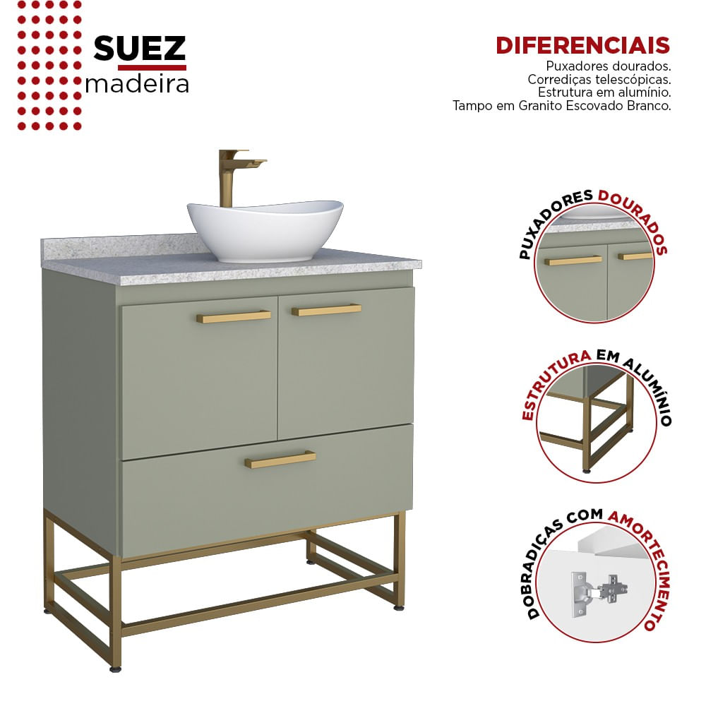 Encontraproduto.com.br - Toucador Suez 80cm Com Pes+Granito Sem Cuba Verde/Branco Cozimax