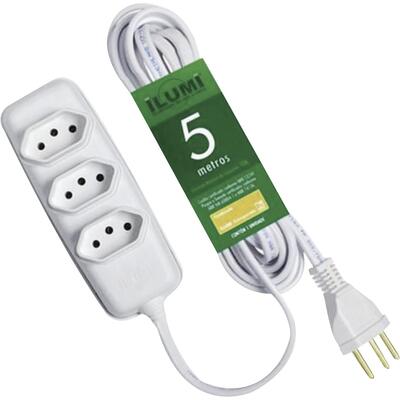 Encontraproduto.com.br - Extensão Ilumi Compacta com Cabo PP Chato 3 Vias 10 Amperes 5,0 Metros Branco