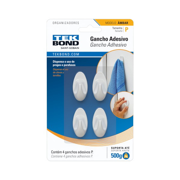 Encontraproduto.com.br - Gancho Adesivo de Plástico Tekbond Branco Modelo Âmbar P com 4 Unidades