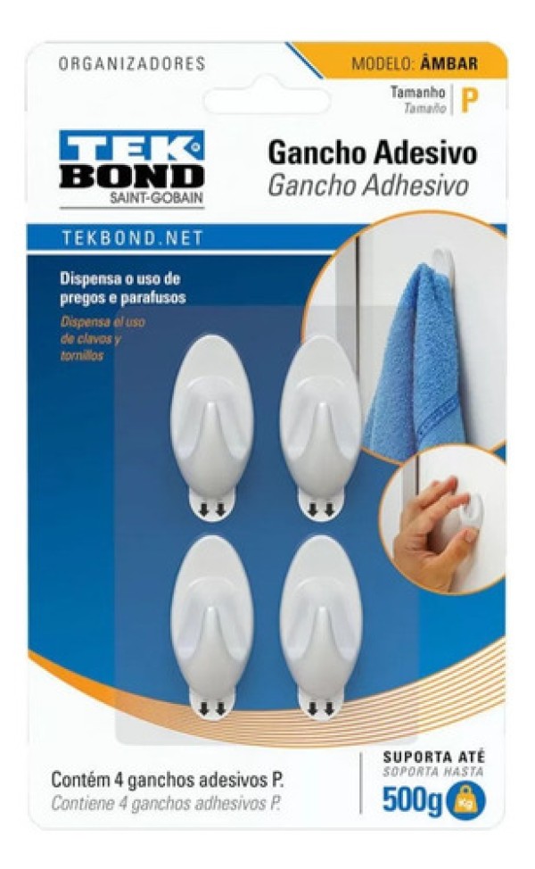 Gancho Adesivo de Plástico Tekbond Branco Modelo Âmbar P com 4 Unidades