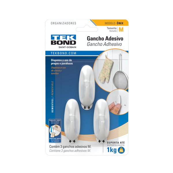 Encontraproduto.com.br - Gancho Adesivo de Plástico Tek Bond Branco Modelo Onix M com 3 Unidades