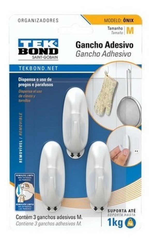 Encontraproduto.com.br - Gancho Adesivo de Plástico Tek Bond Branco Modelo Onix M com 3 Unidades
