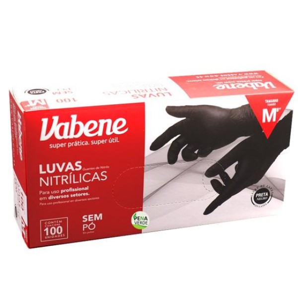 Encontraproduto.com.br - Luva Nitrílica Vabene Sem Pó Preta M Com 100 Unidades