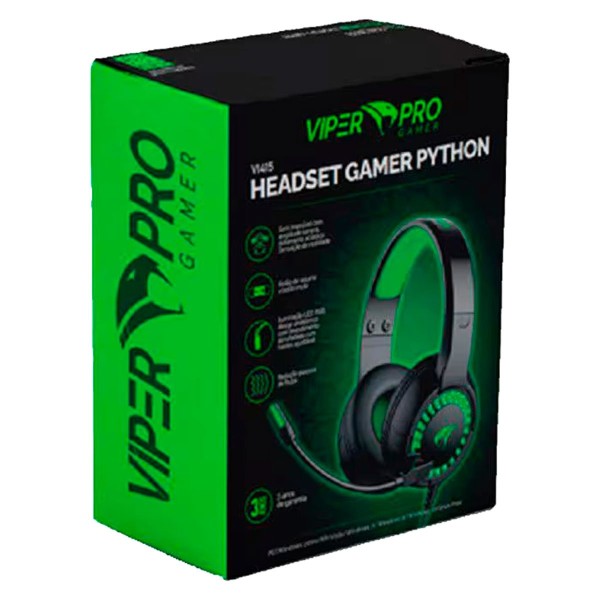 Encontraproduto.com.br - Headset Gamer Viper Pro Python 415 LED USB Preto e Verde
