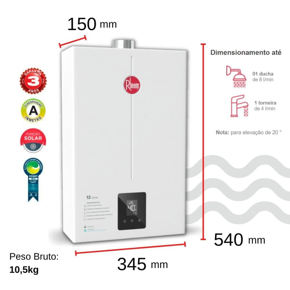Encontraproduto.com.br - Aquecedor de Passagem a Gás 12L Digital GLP Rheem