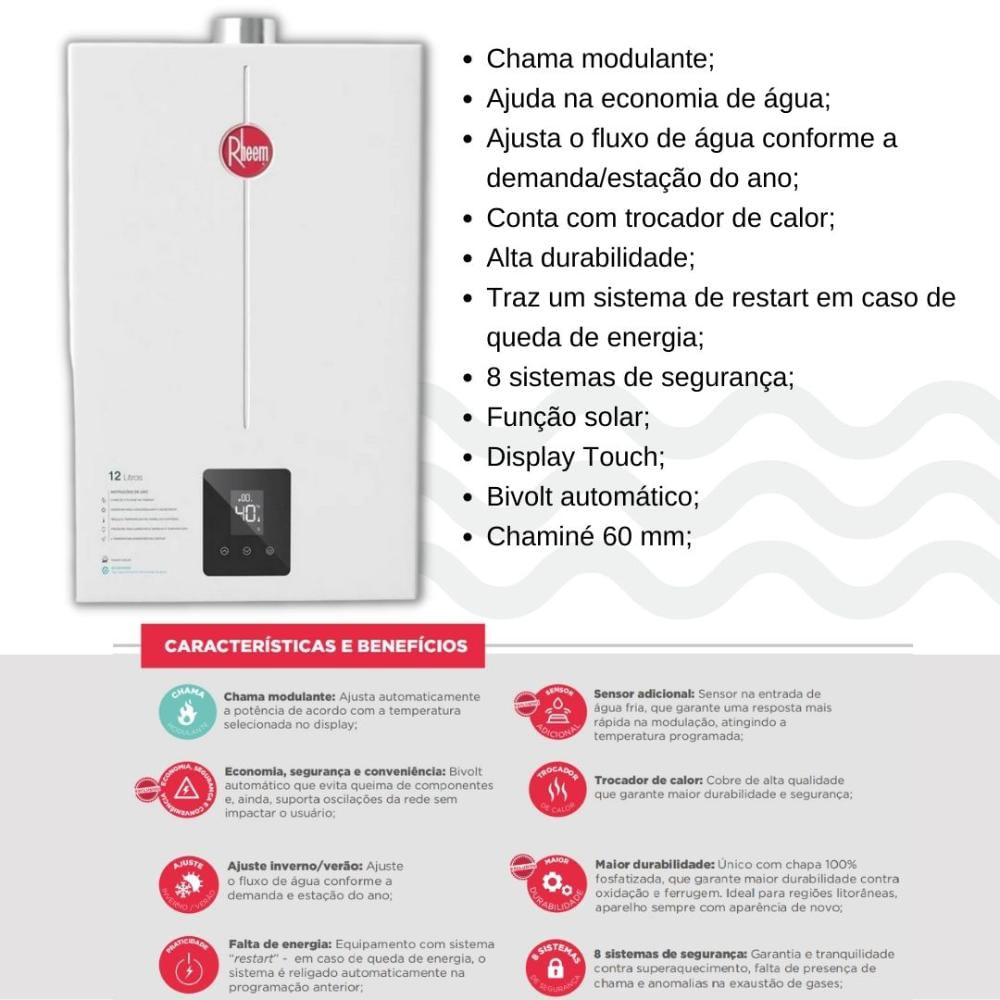 Encontraproduto.com.br - Aquecedor de Passagem a Gás 12L Digital GLP Rheem