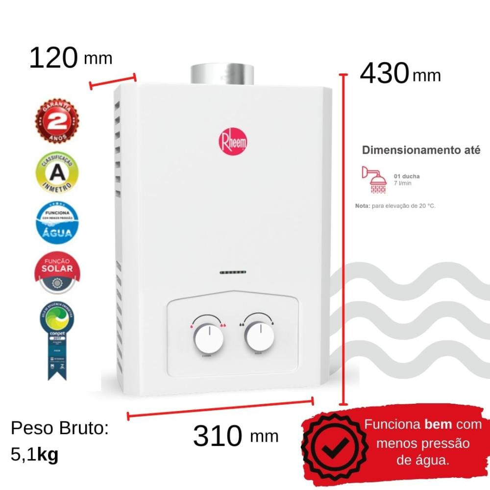 Encontraproduto.com.br - Aquecedor 7 litros mecânico com sensor de Fluxo GLP Rheem