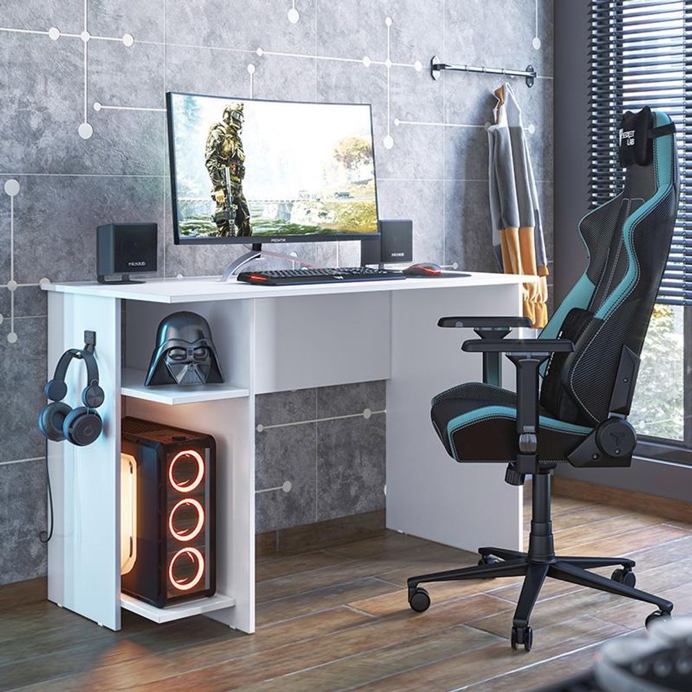 Encontraproduto.com.br - Mesa Para Computador Gamer Com 2 Prateleiras Cor Branco - Qmovi