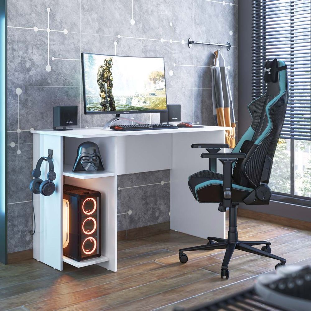 Encontraproduto.com.br - Mesa Para Computador Gamer Com 2 Prateleiras Cor Branco - Qmovi