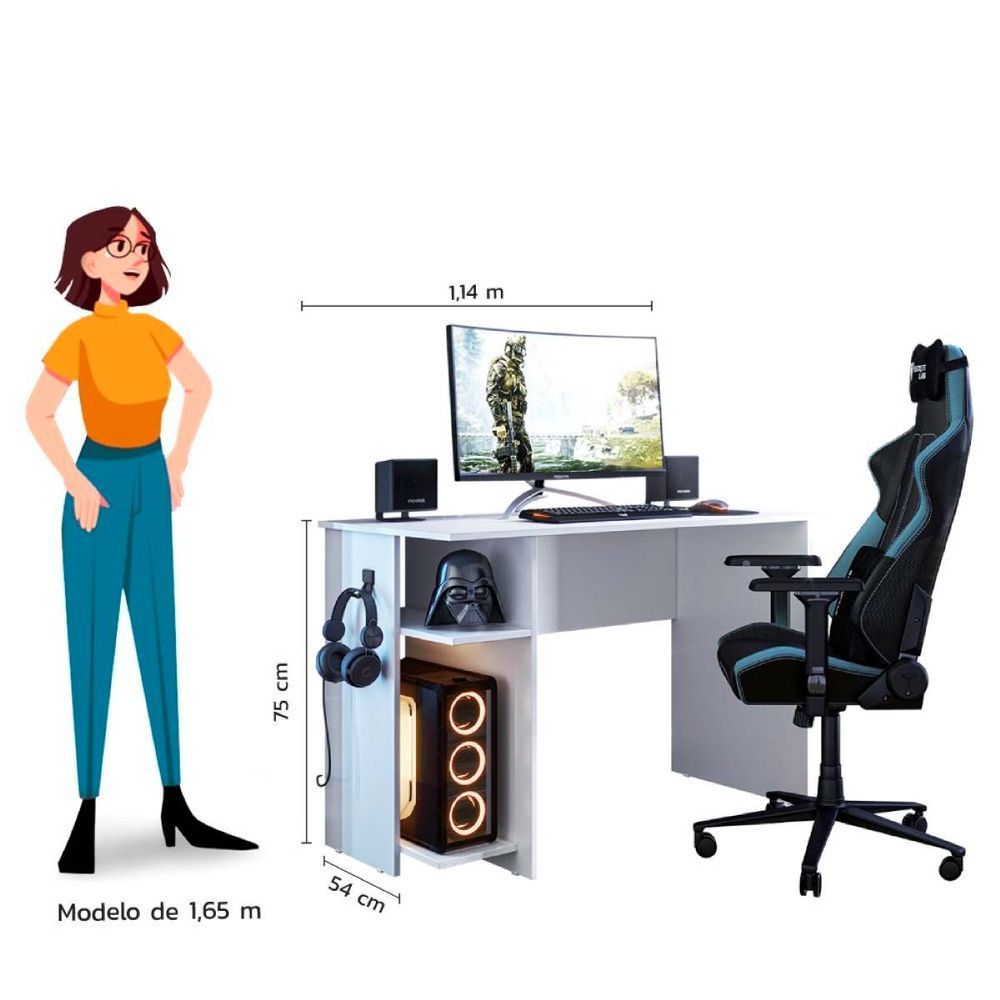 Encontraproduto.com.br - Mesa Para Computador Gamer Com 2 Prateleiras Cor Branco - Qmovi