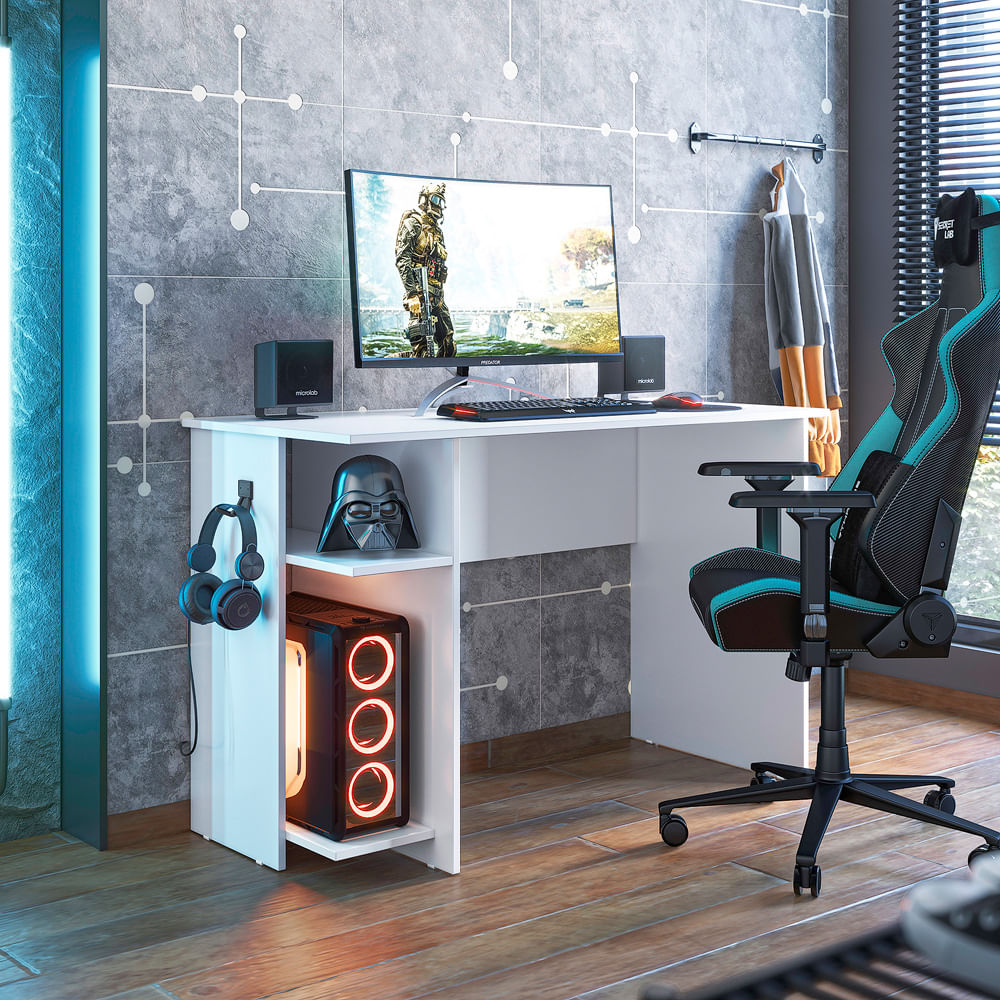 Encontraproduto.com.br - Mesa Para Computador Gamer Com 2 Prateleiras Cor Branco - Qmovi
