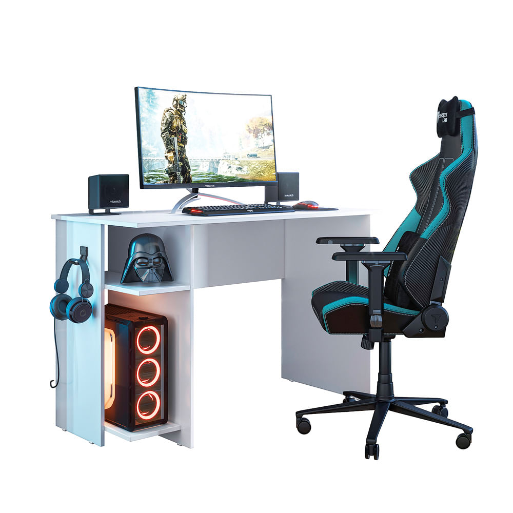 Encontraproduto.com.br - Mesa Para Computador Gamer Com 2 Prateleiras Cor Branco - Qmovi